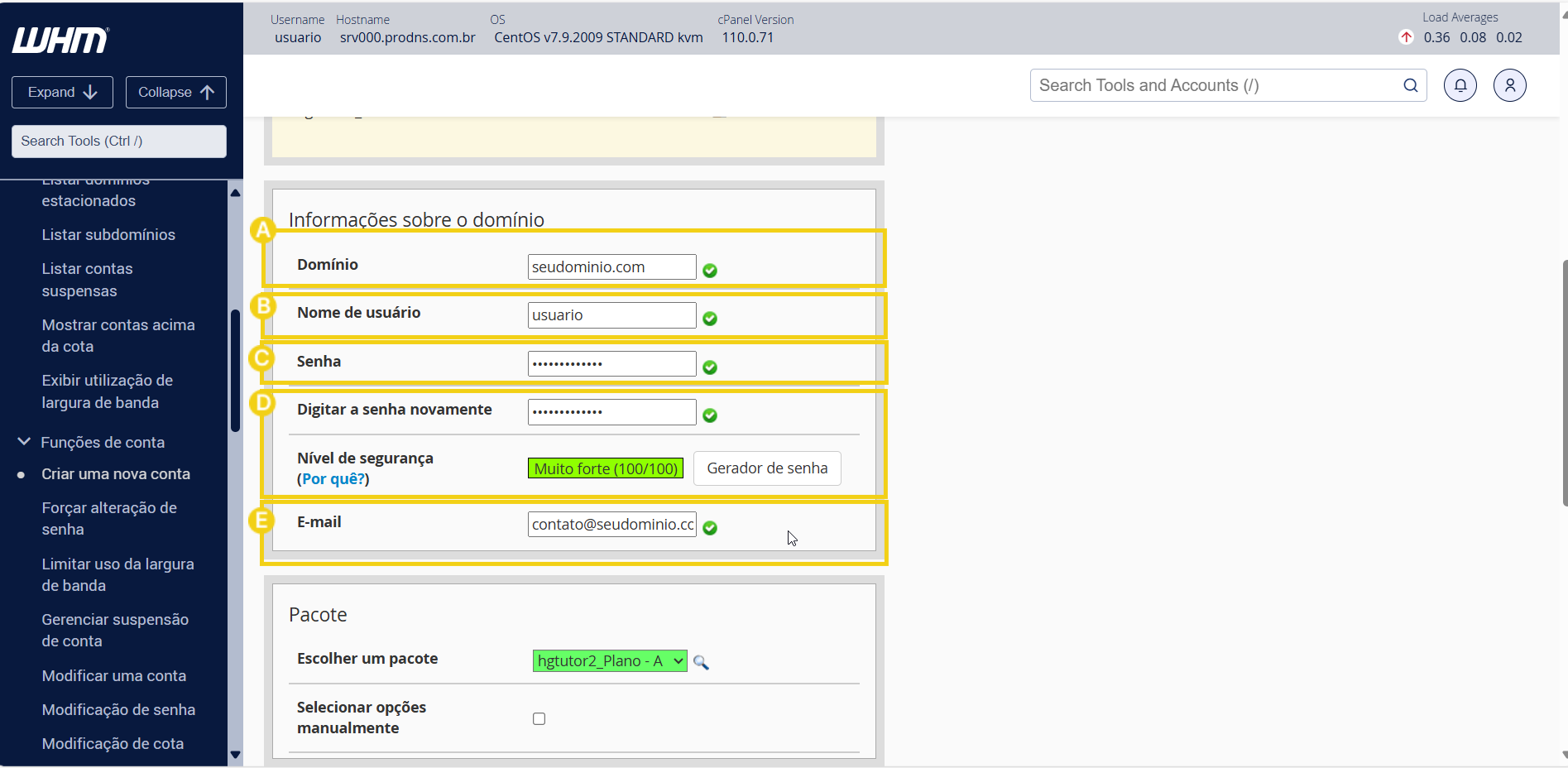 Imagem mostra a tela do cPanel com a marcação nos campos que devem ser preenchidos