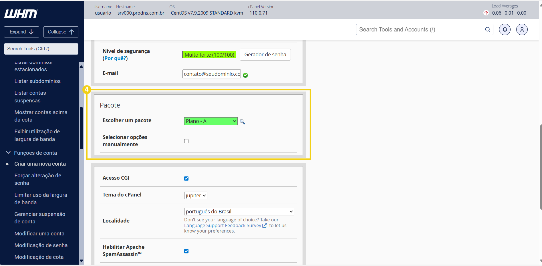 Imagem mostra a tela do cPanel para selecionar o pacote