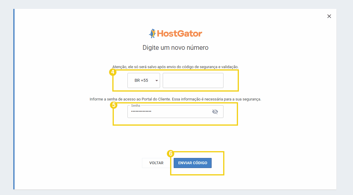 Imagem da tela de validação de código no site HostGator para alteração de número de telefone no cadastro.