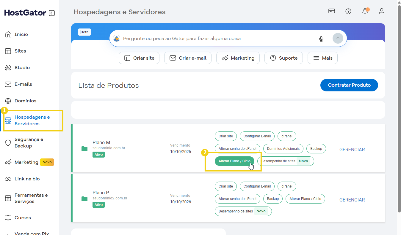 Como alterar o ciclo de pagamento da hospedagem – 1  Alt-text: Imagem de um painel de administração do HostGator, mostrando opções de gerenciamento de hospedagem e servidores com destaque para 'Alterar Plano / Ciclo' 
