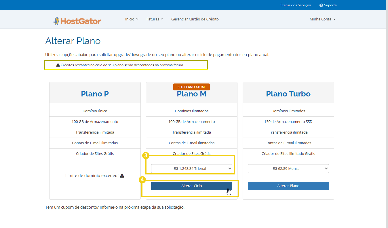 Como alterar o ciclo de pagamento da hospedagem – 2  Alt-text: Tela de alteração de plano de hospedagem na HostGator destacando opções de upgrade para planos P, M e Turbo, incluindo valores e botões para alterar ciclo ou plano.