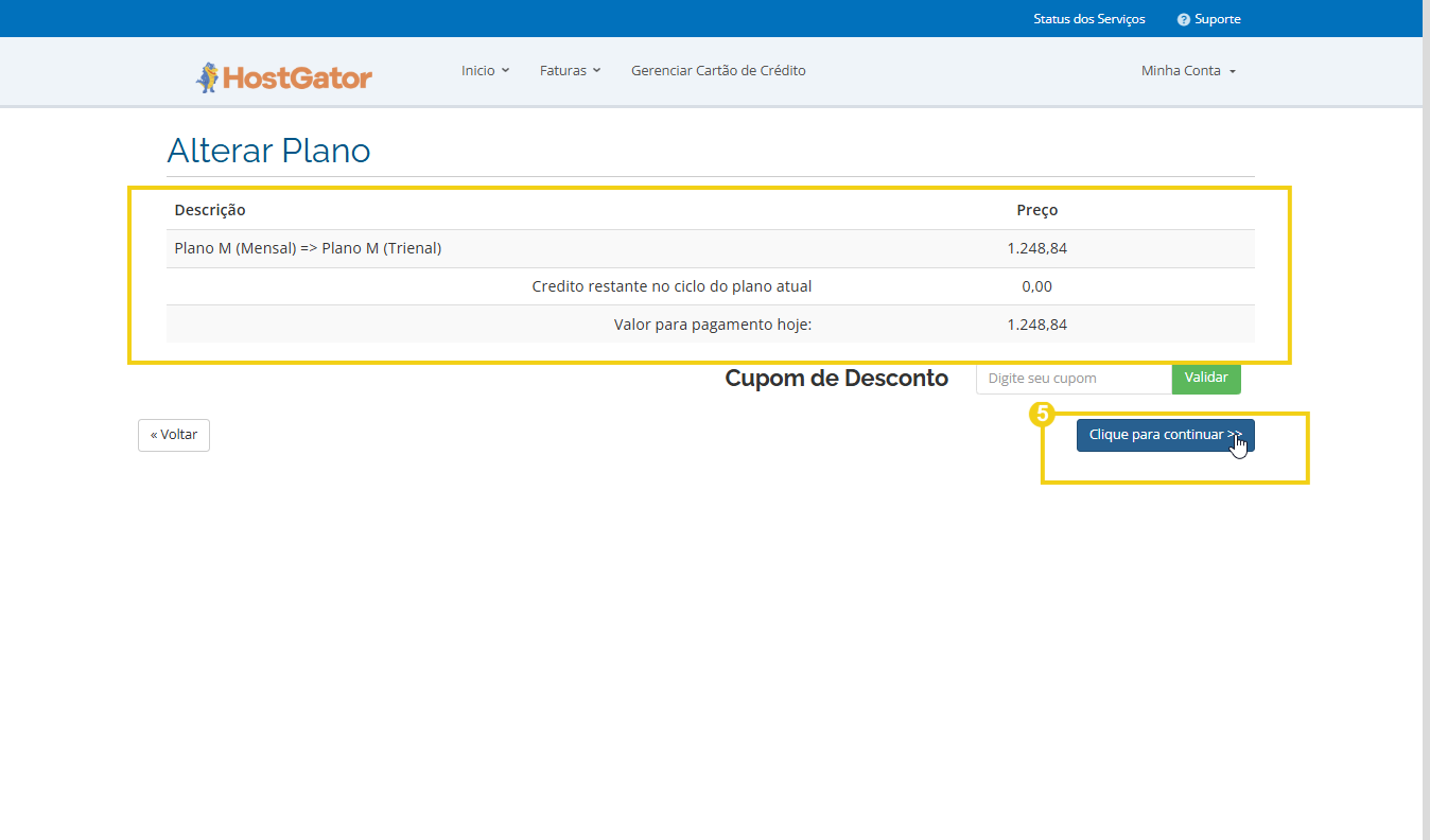 Como alterar o ciclo de pagamento da hospedagem – 3  Alt-text: Imagem da tela de alteração de plano no painel do HostGator, evidenciando detalhes do plano mensal, valor, desconto e botão para continuar.