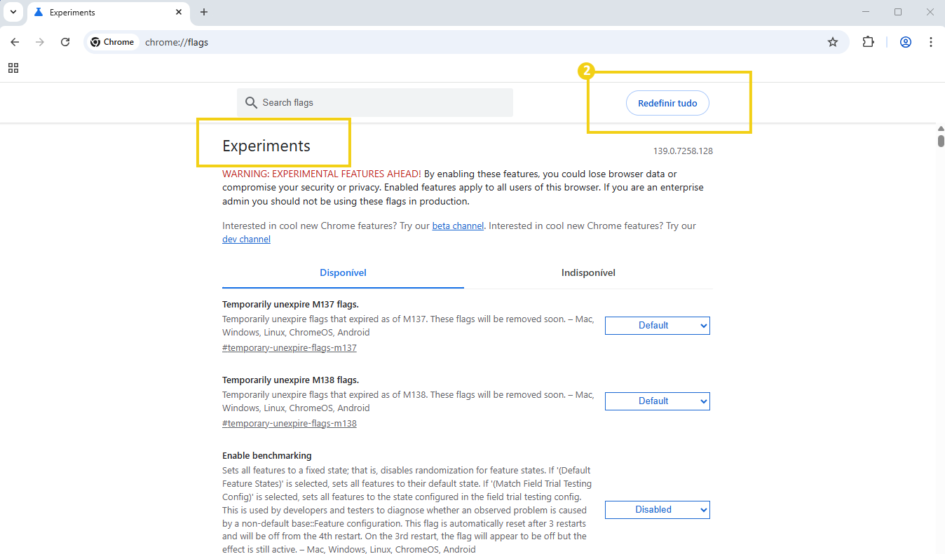 Imagem da página de configurações experimentais do navegador Chrome, exibindo opções como experimentar e habilitar marcadores, com destaque para as opções 'Experiments' e 'Redefinir tudo'