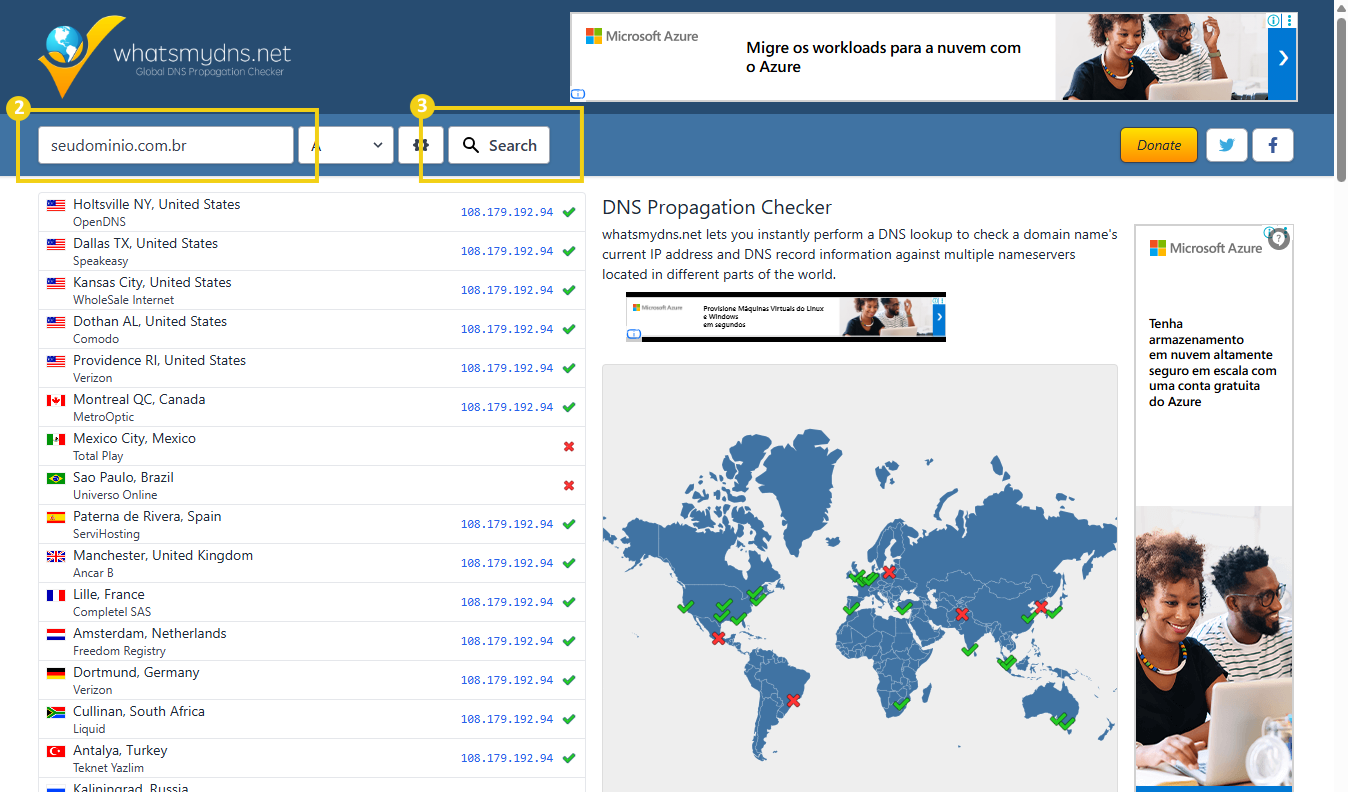 Imagem de uma ferramenta online de verificação DNS com mapa mundial e lista de endereços IP, destacando a funcionalidade de checagem de registros DNS. 
