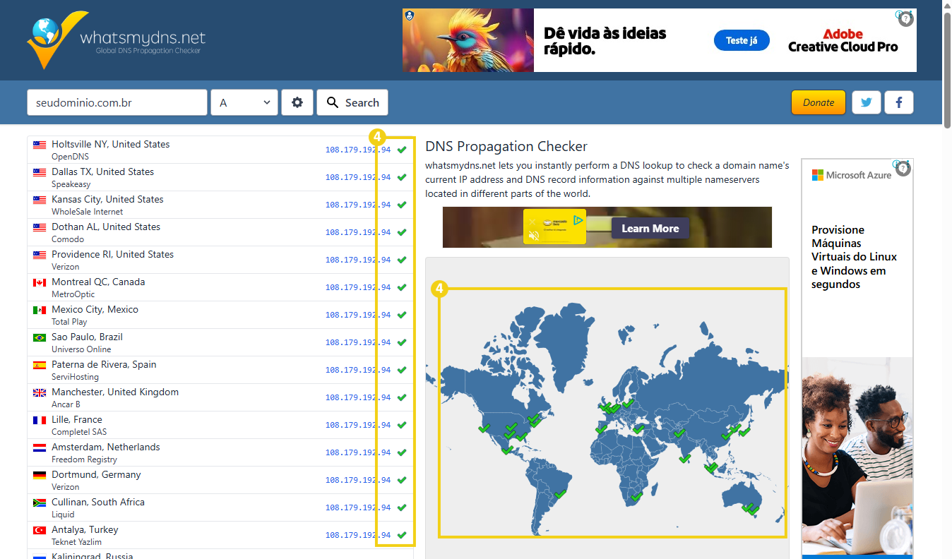 Imagem de um site de verificação de DNS e propagation checker, mostrando um mapa mundial, lista de endereços IP e informações de servidores de diferentes países. 