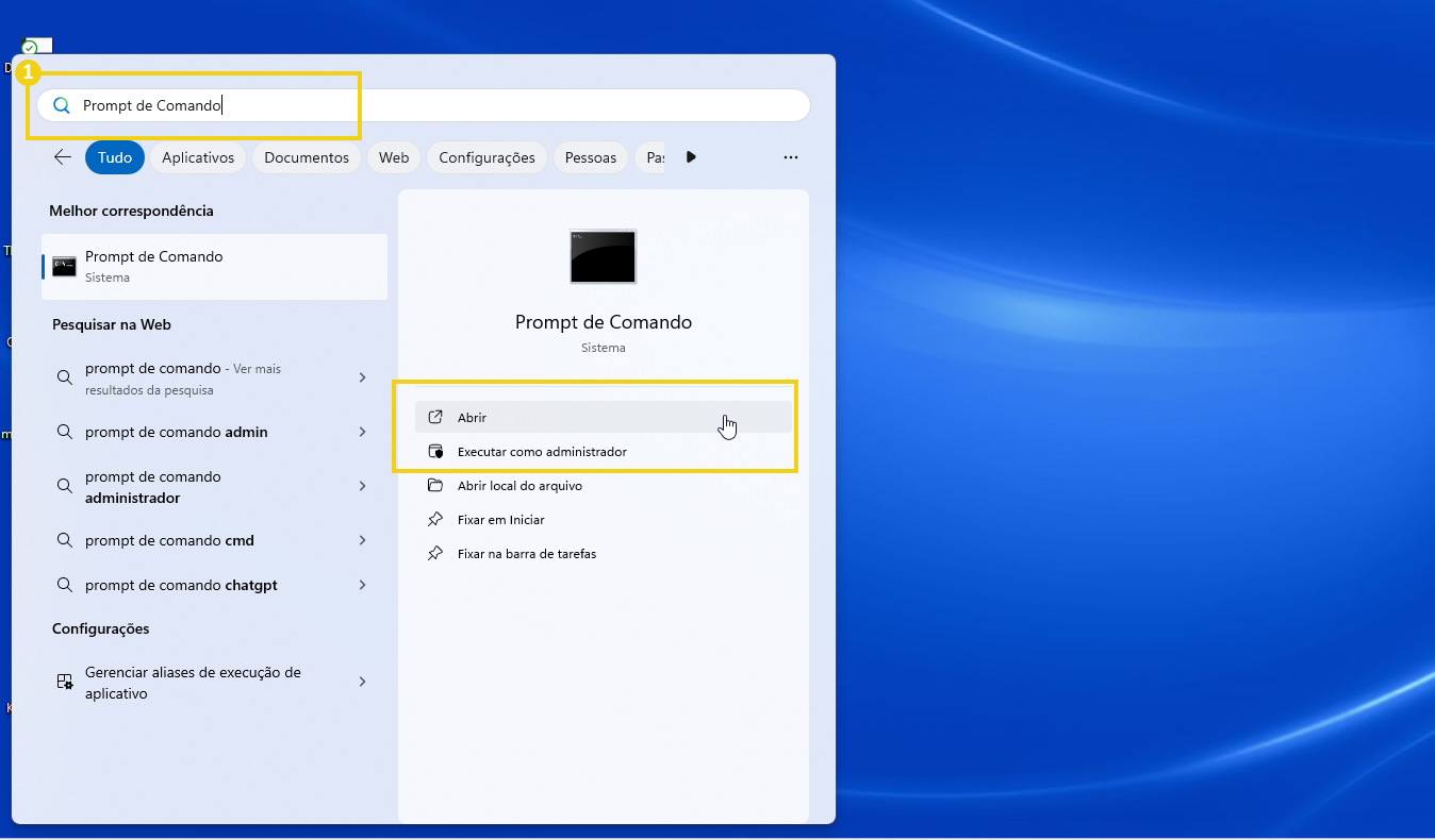 Como abrir o Prompt de Comando no Windows e executar como administrador, mostrando a tela do sistema operacional com o menu de opções destacado.