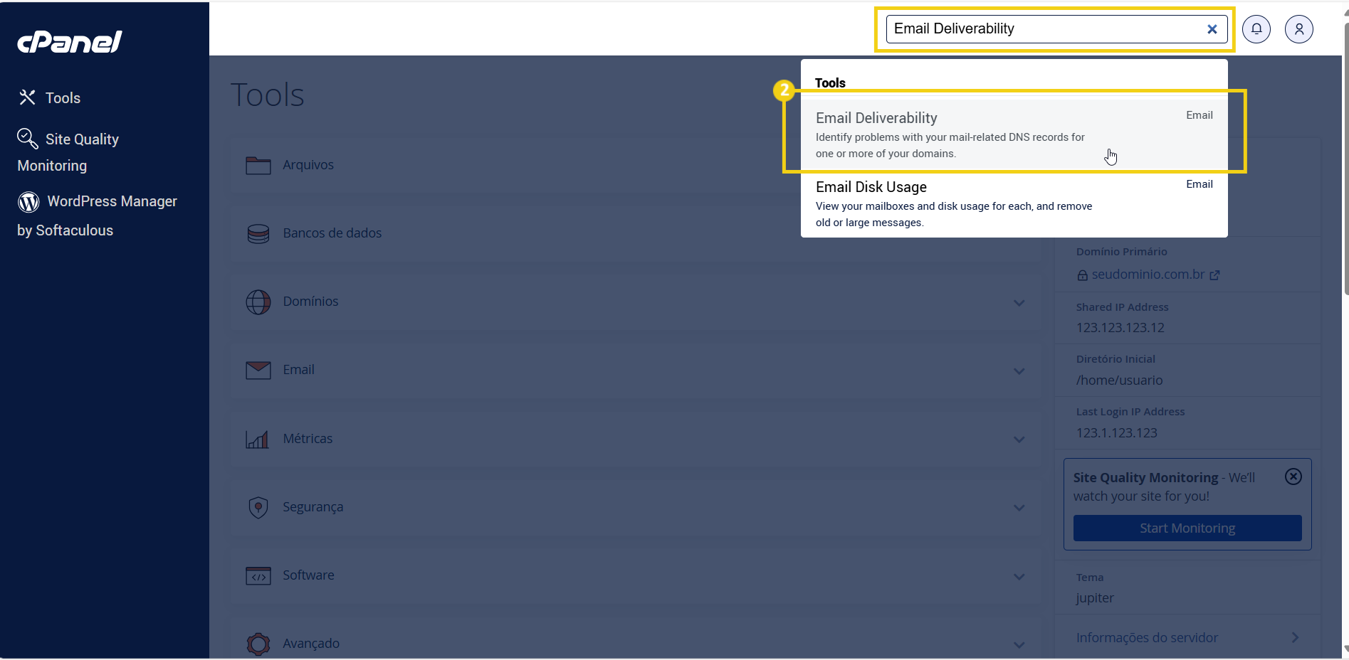 Imagem da tela do cPanel mostrando opções de ferramentas e configurações de gerenciamento de arquivos, backups, conexões FTP e controle de versões.