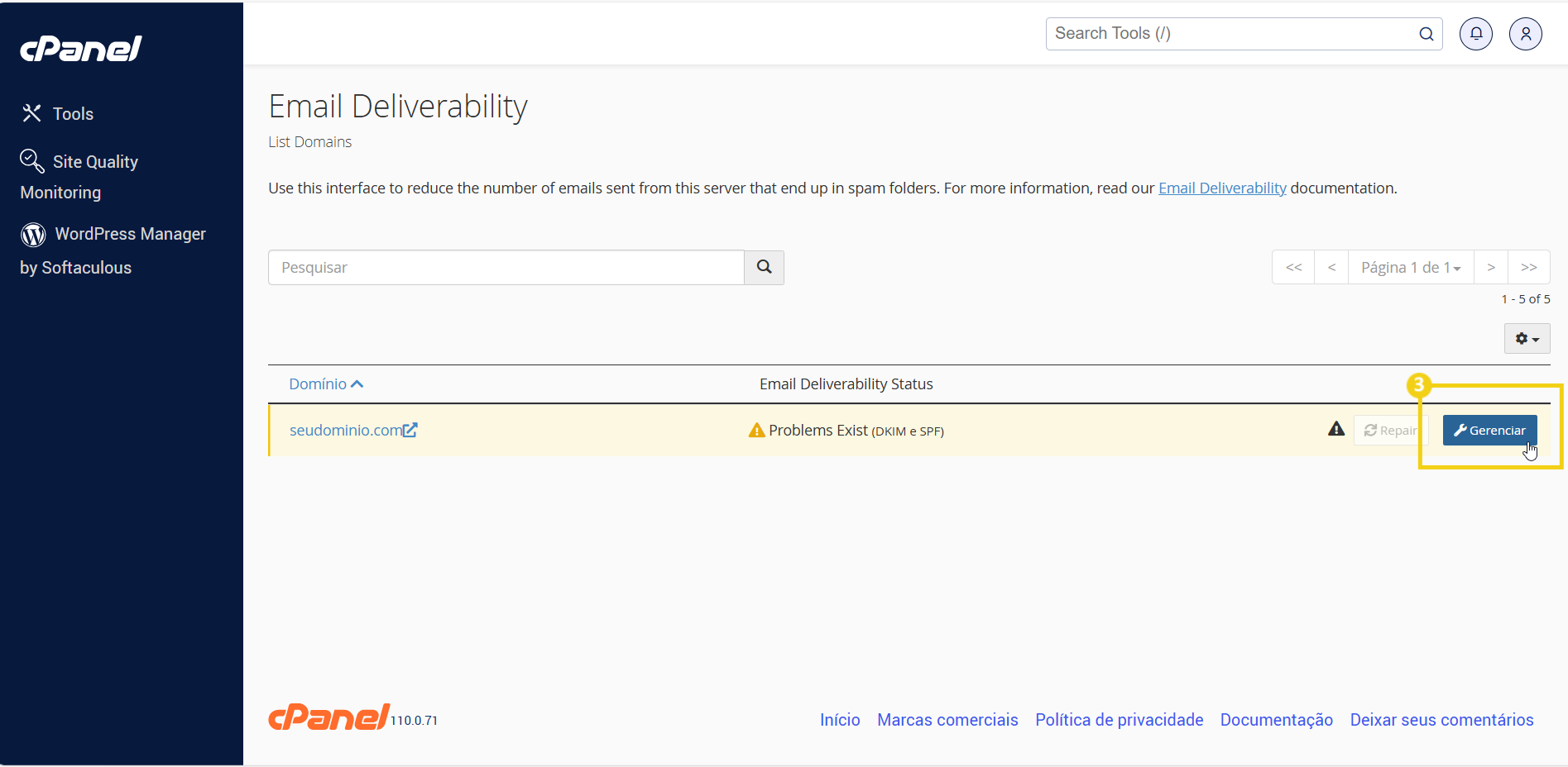 Imagem mostra o painel cPanel na tela Email Deliverability com a marcação no botão "Gerenciar"