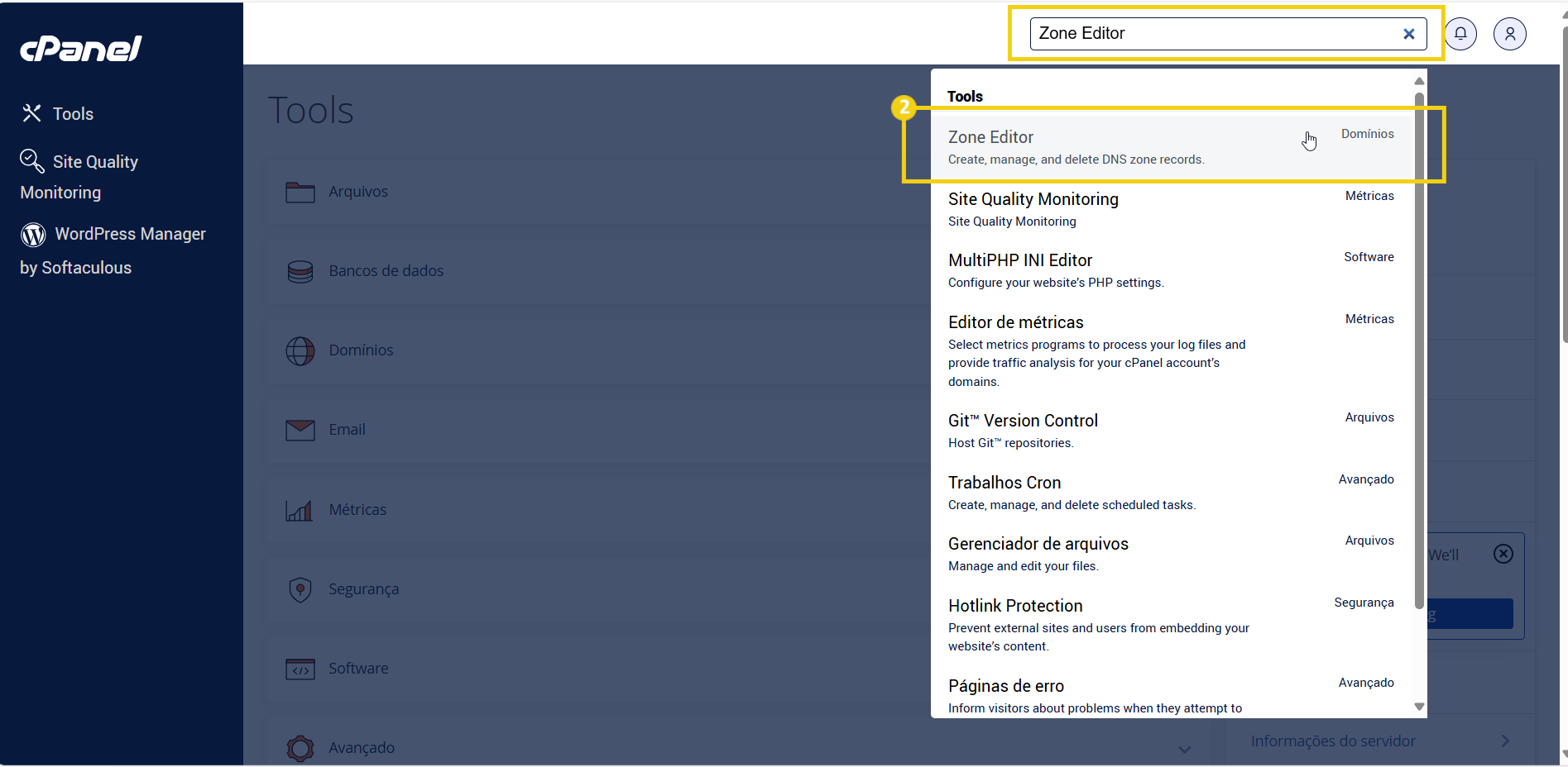 Imagem de painel de controle do cPanel com várias opções de gerenciamento de arquivos, backups e configurações de FTP.