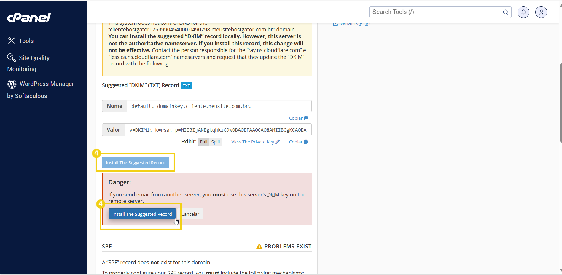 Tela de controle de envio de e-mail do cPanel mostrando problemas com os registros DKIM e SPF