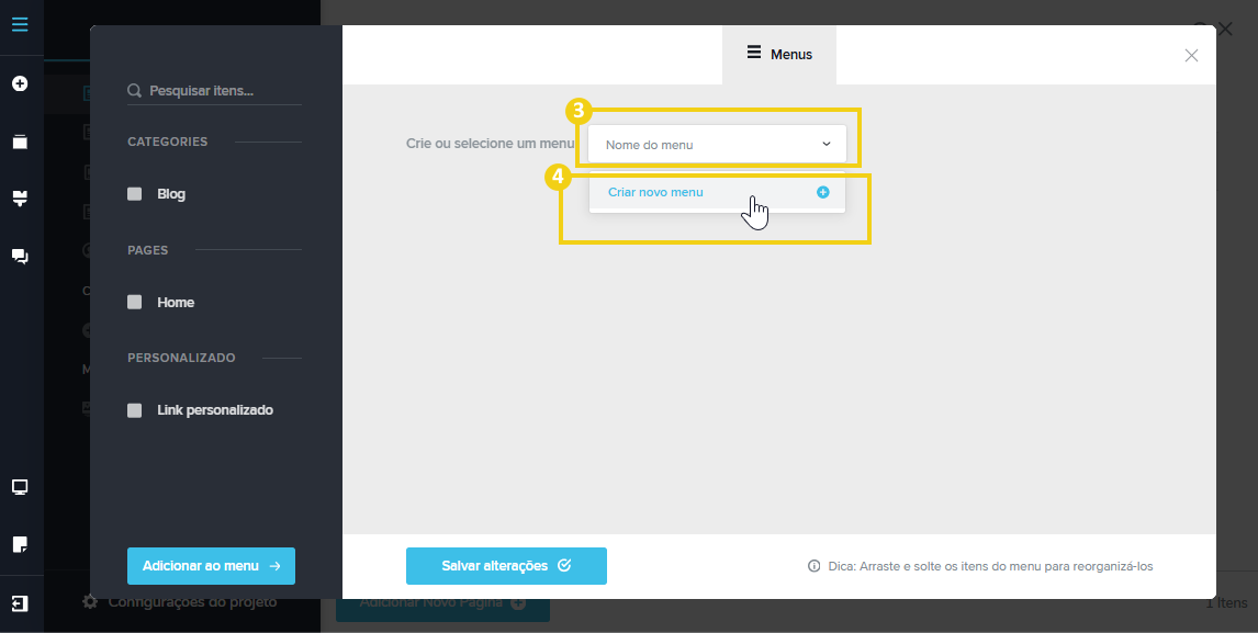 Imagem mostra a tela do editor do Criador de Sites com IA, com a destaque no campo “Nome do Menu” e “Criar novo menu” 