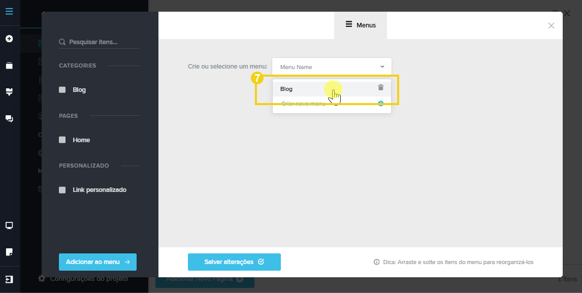 Imagem mostra a tela do editor do Criador de Sites com IA, com a destaque no clique em cima do menu criado. 