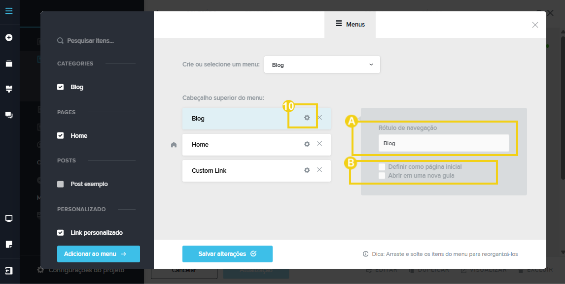Imagem mostra a tela do editor do Criador de Sites com IA, com a destaque no ícone de engrenagem, seguido do campo “Rótulo de navegação”, “Definir como página principal e “Abrir em uma nova guia”. 