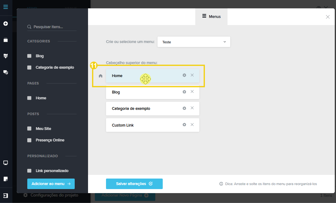 Imagem mostra a tela do editor do Criador de Sites com IA, com a destaque na seleção do mouse sobre um dos menus. 