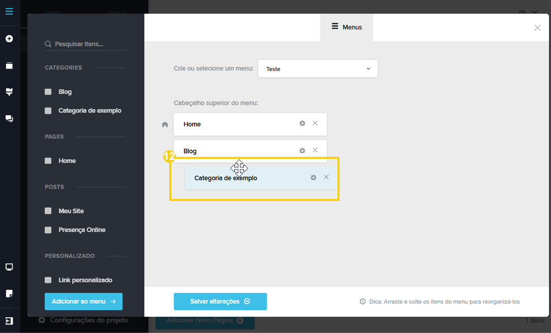 Imagem mostra a tela do editor do Criador de Sites com IA destacando o recuo na opção configurada como submenu da página “Blog” 
