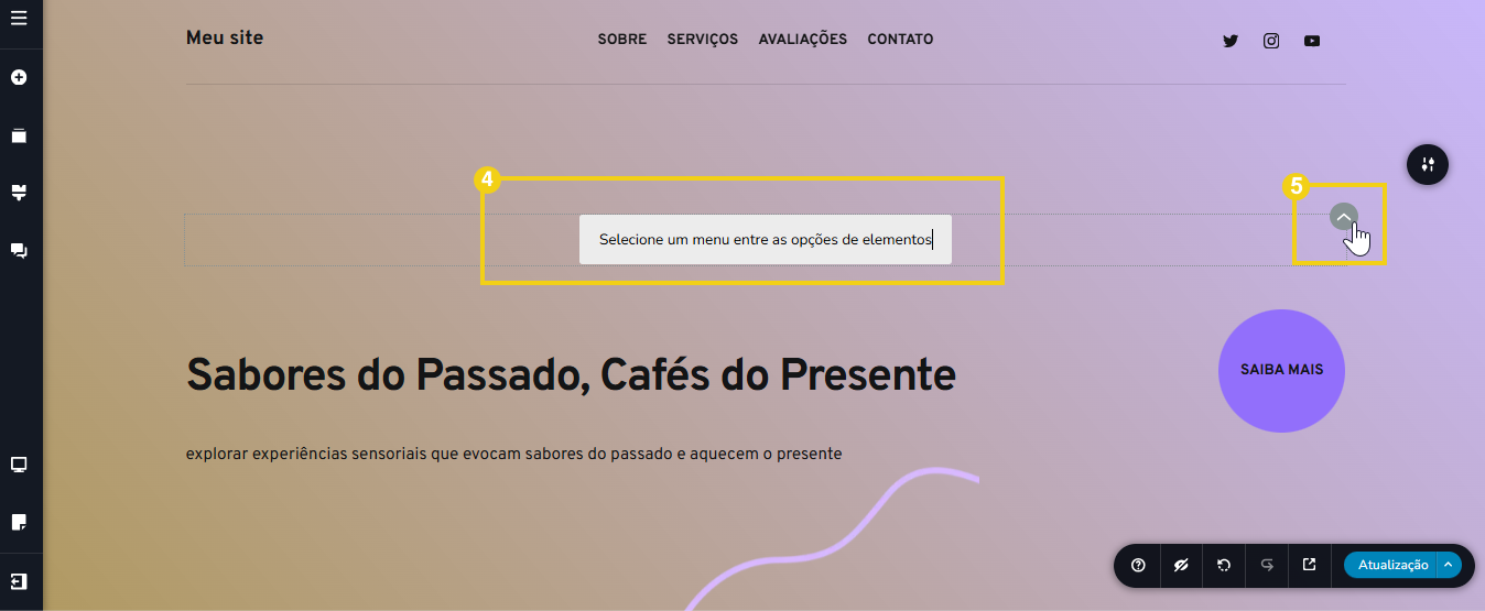 Imagem mostra a tela do editor do Criador de Sites com IA destacando a seleção no campo “Selecione um menu entre as opçõe de elementos” e destacando o ícone de seta. 