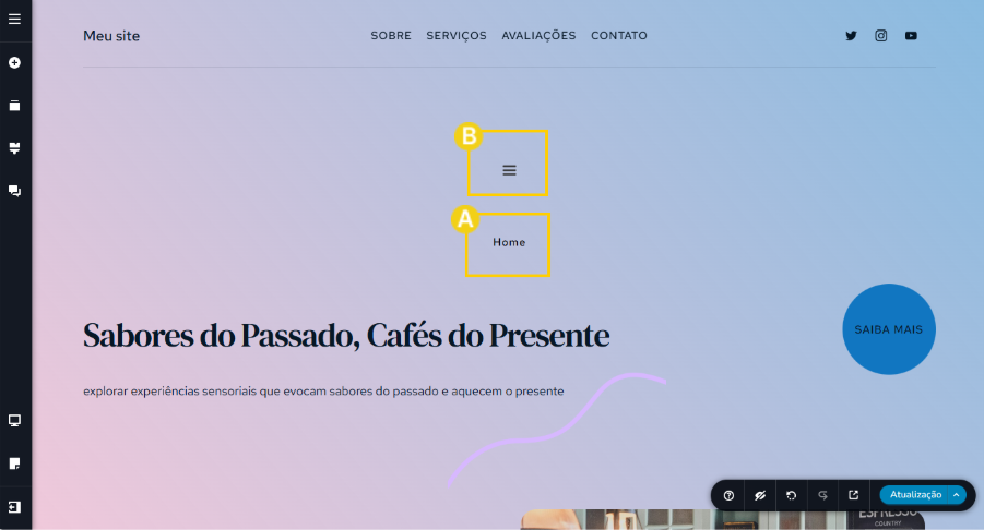 Imagem mostra a tela do editor do Criador de Sites com IA destacando dois tipos de menu: Icone com três linhas ou nome do menu. 