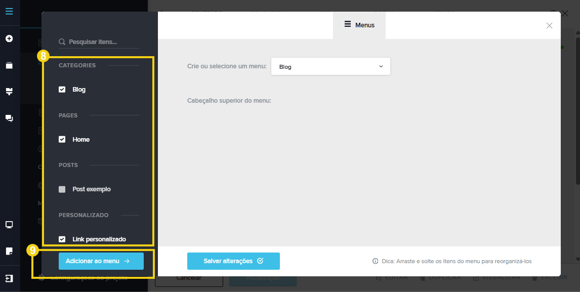 Imagem mostra a tela do editor do Criador de Sites com IA, com a destaque nas opções de Categorias, Pages, Posts e Personalizado. Destacando abaixo a “opção Adicionar ao Menu” 