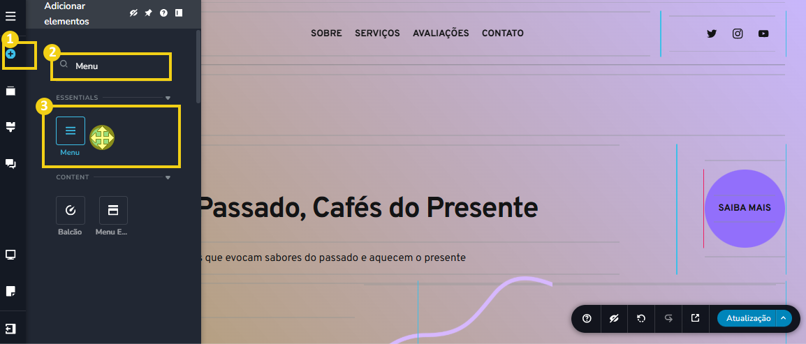 Imagem mostra a tela do editor do Criador de Sites com IA destacando a opção com ícone de “+”, o texto “menu” digitado no campo de busca e o ícone de “menu”  