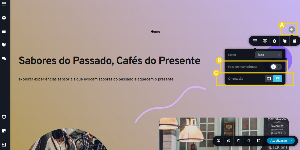 Imagem mostra a tela do editor do Criador de Sites com IA destacando a seleção do menu, opções para ativação da opção “faça um hamburguer” e também “orientação” 