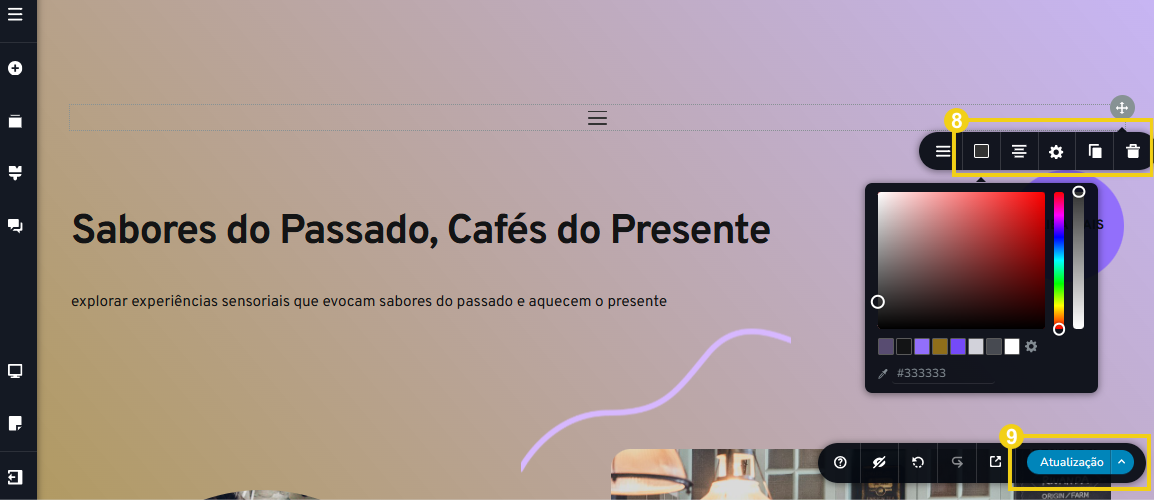 Imagem mostra a tela do editor do Criador de Sites com IA destacando o campo para personalizações e botão “Atualização” 