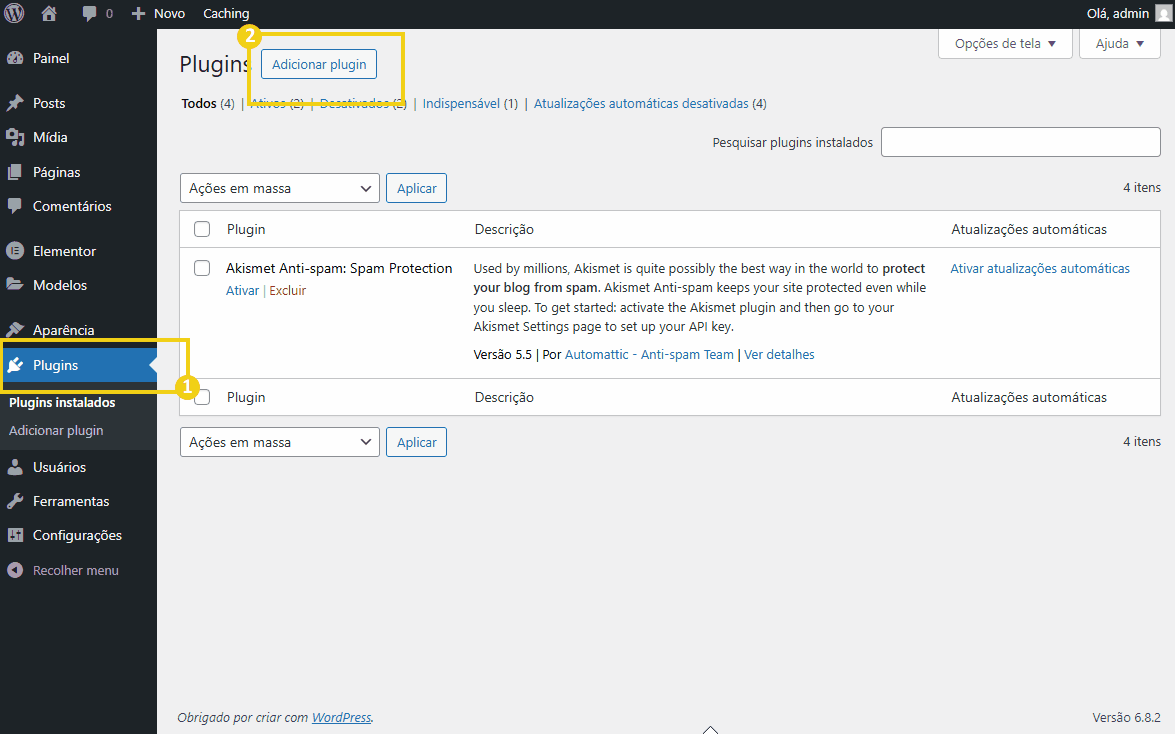  Imagem da tela de plugins do WordPress com destaque na opção de adicionar plugin
