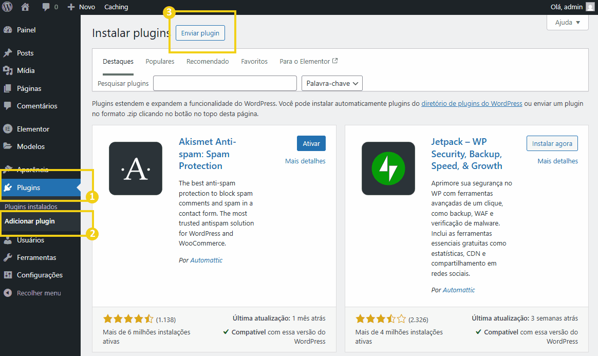  Imagem mostrando a seção de plugins do WordPress, com as opções 'Plugins instalados' e 'Adicionar plugin' destacadas, demonstrando o processo de instalação de plugins no painel do WordPress.