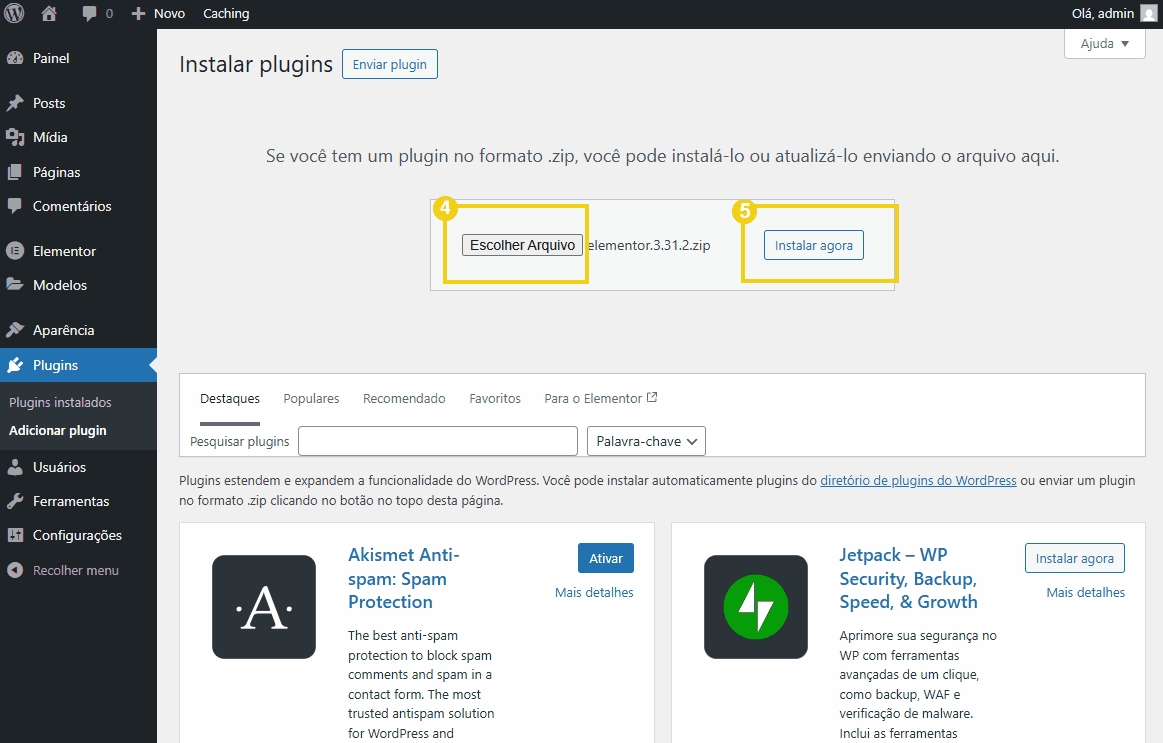 Imagem mostrando o processo de instalação de plugins no painel do WordPress, onde o usuário seleciona o arquivo .zip e clica para instalar o plugin no WordPress. 