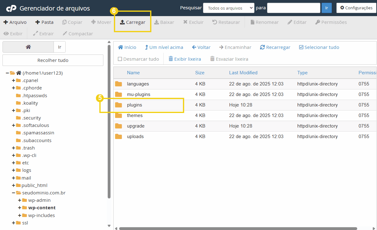  Imagem mostrando a tela de um gerenciador de arquivos com destaque na pasta 'plugins' em uma interface de painel de controle. 