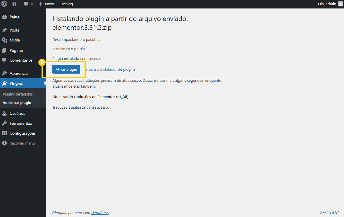 Imagem mostra processo de instalação do plugin no WordPress, com destaque para o botão 'Ativar plugin' na tela de Plugins, mostrando etapas de instalação e configuração.