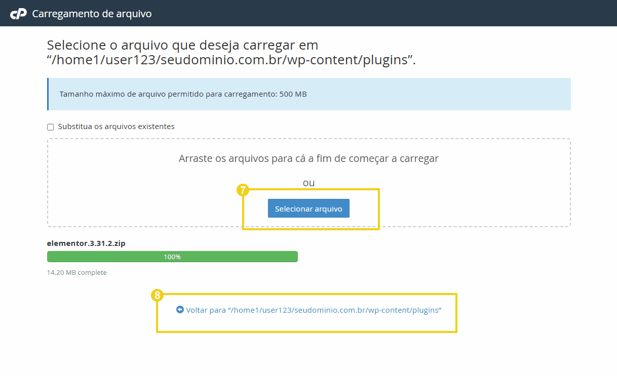 Imagem mostrando o processo de carregamento de arquivo no painel do WordPress, destacando o botão 'Selecionar arquivo' e de retornar para a home.