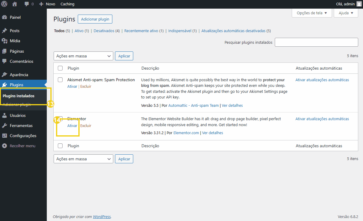 Imagem mostrando o painel de plugins instalados no WordPress, incluindo o plugin Elemento e opção de ativar.