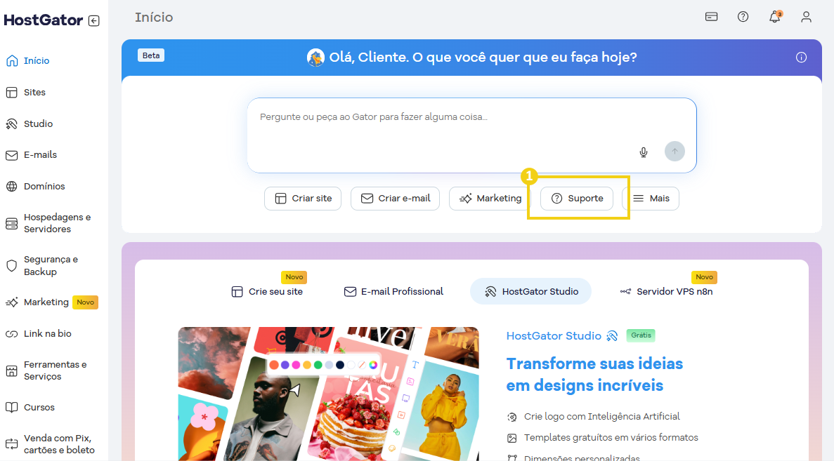 Imagem mostra tela do Portal do Cliente HostGator, com destaque na opção “Suporte” 