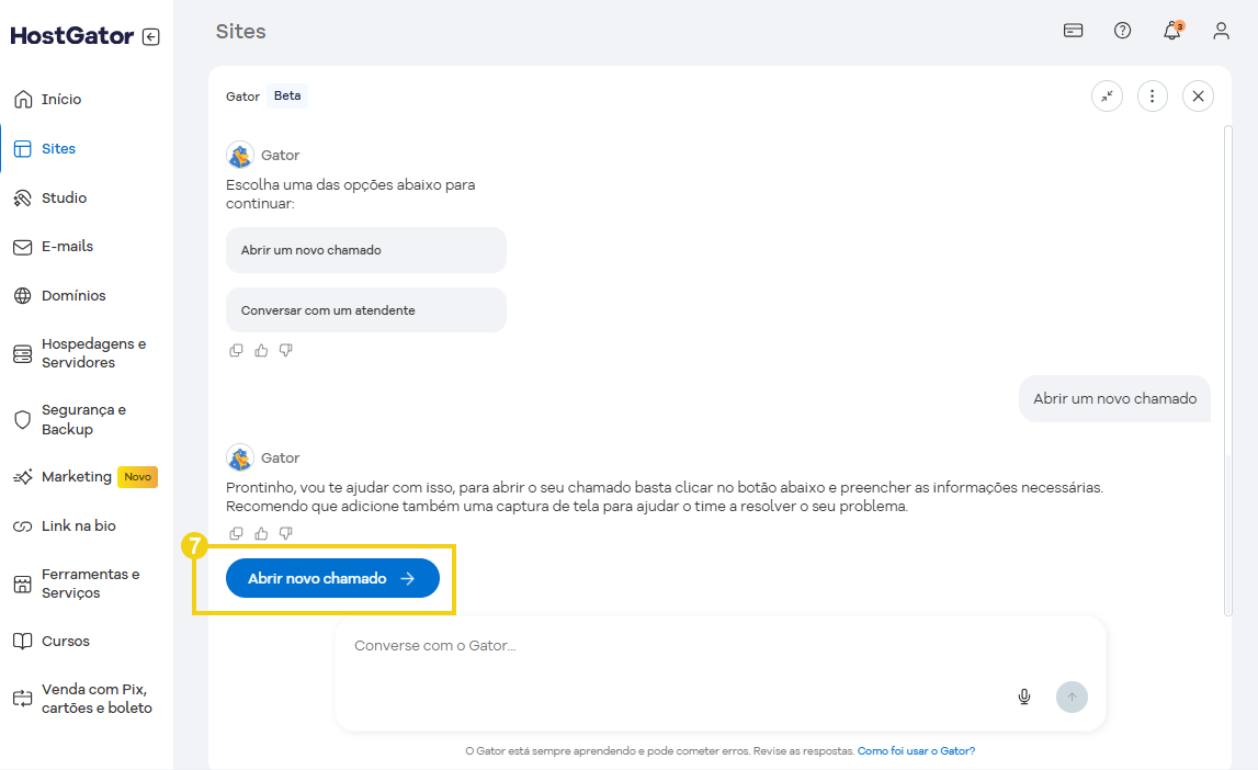 Imagem mostra tela de conversação com o Gator, dando destaque no botão: abrir novo chamado