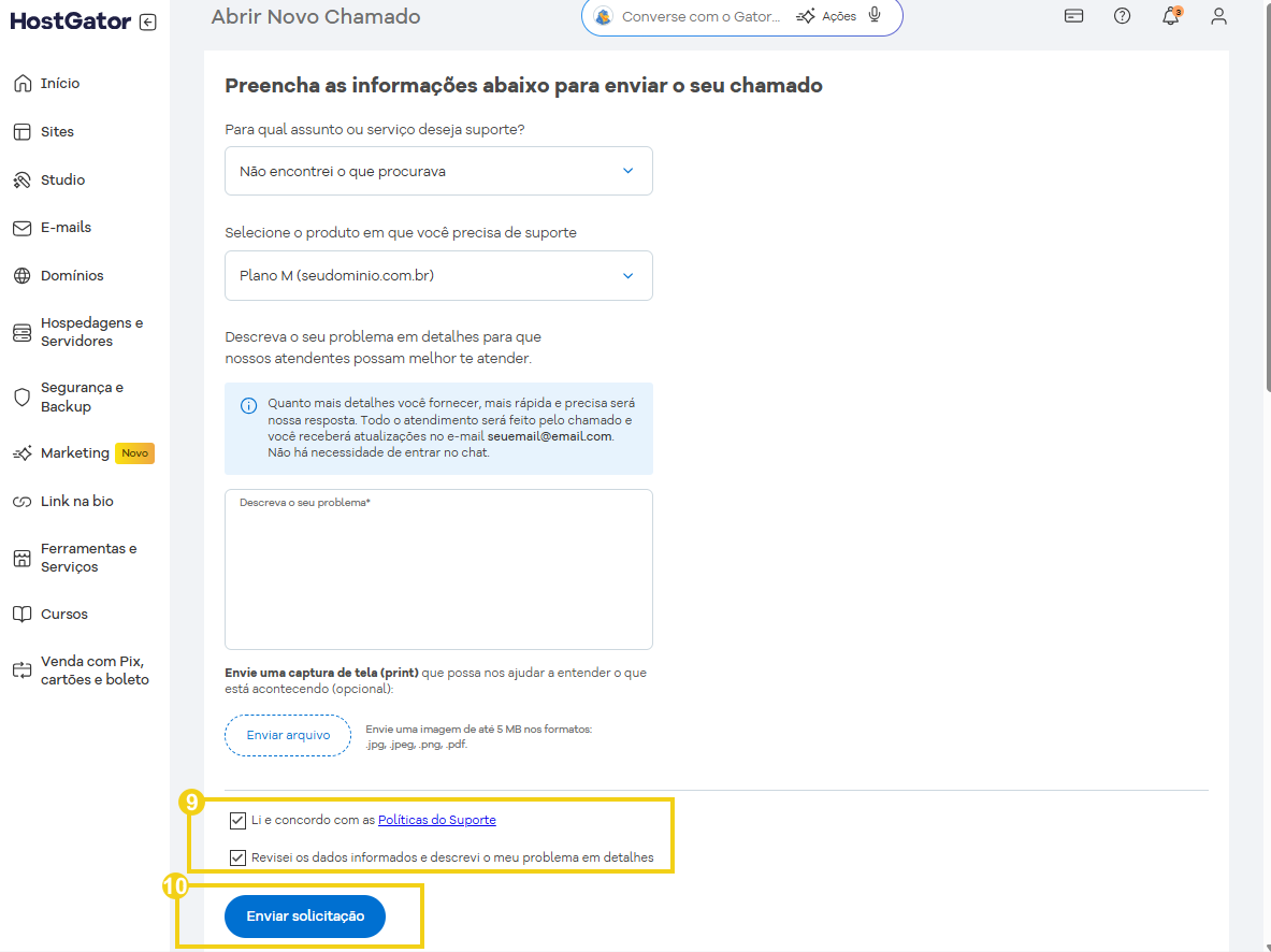 Imagem mostra tela de abertura de chamado no Portal do Cliente, destacando o checkbox e botão enviar solicitação