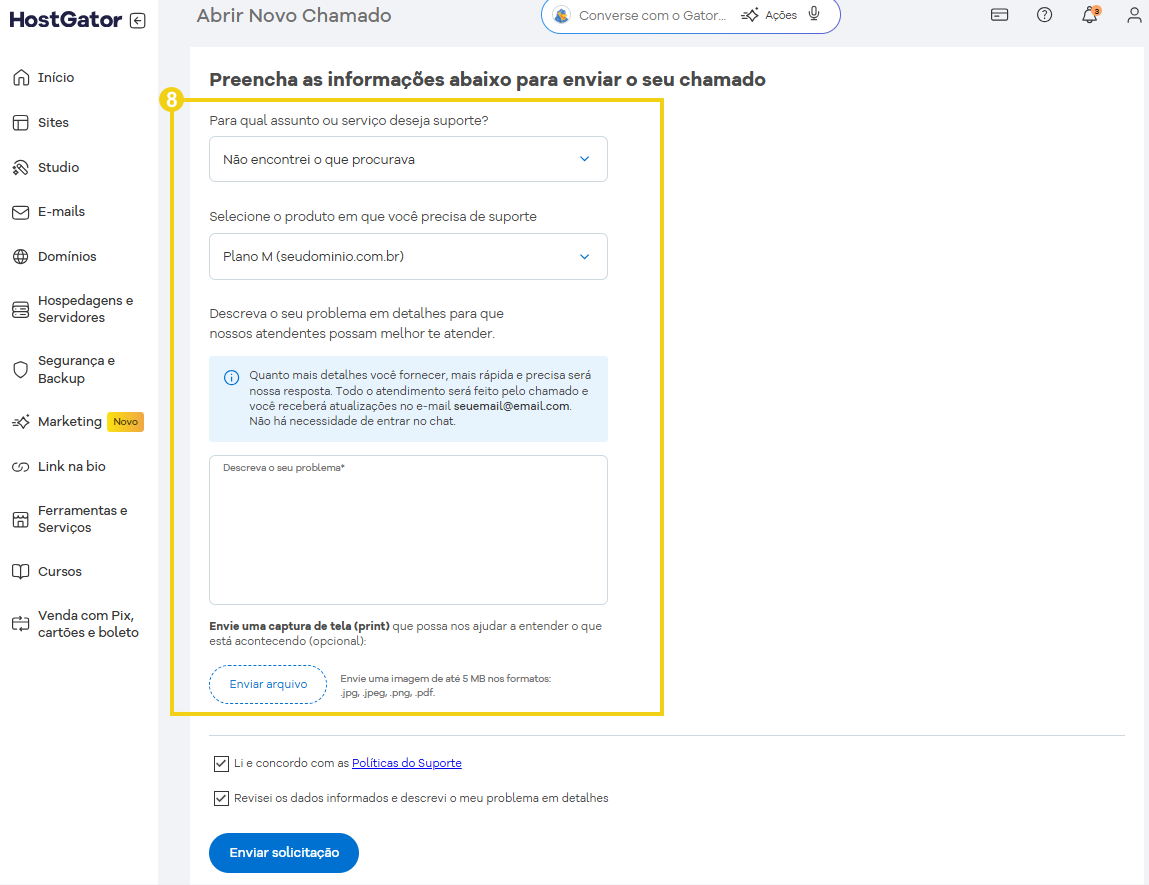 Imagem mostra tela de abertura de chamado no Portal do Cliente, destacando os campos para preenchimento