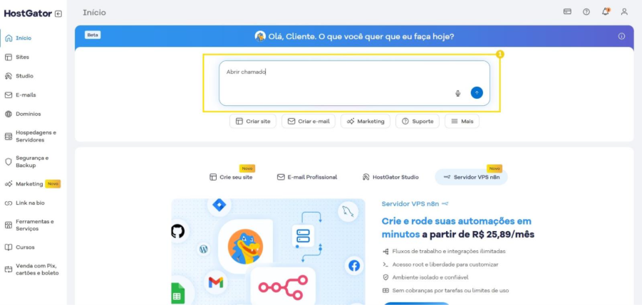 A imagem mostra Campo de texto em destaque contendo o termo 'Abrir chamado', com um ícone de microfone para entrada de voz e um botão de envio representado por uma seta para cima.