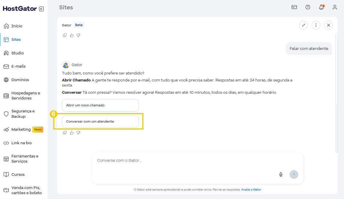 Imagem mostra tela de conversação com o Gator, destacando a opção conversa com atendente