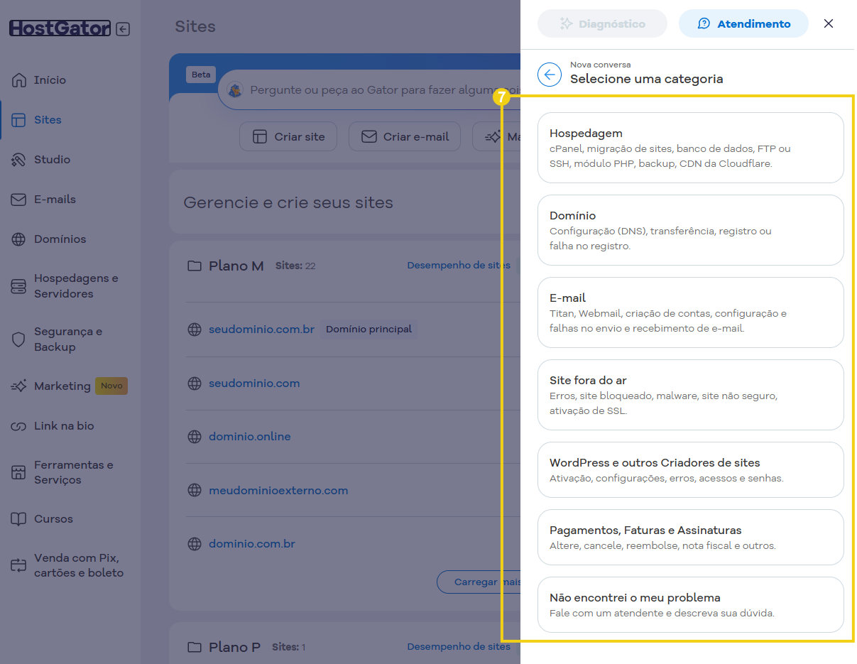 Tela do painel de atendimento do portal HostGator com opções de categorização para atendimento no suporte via chat