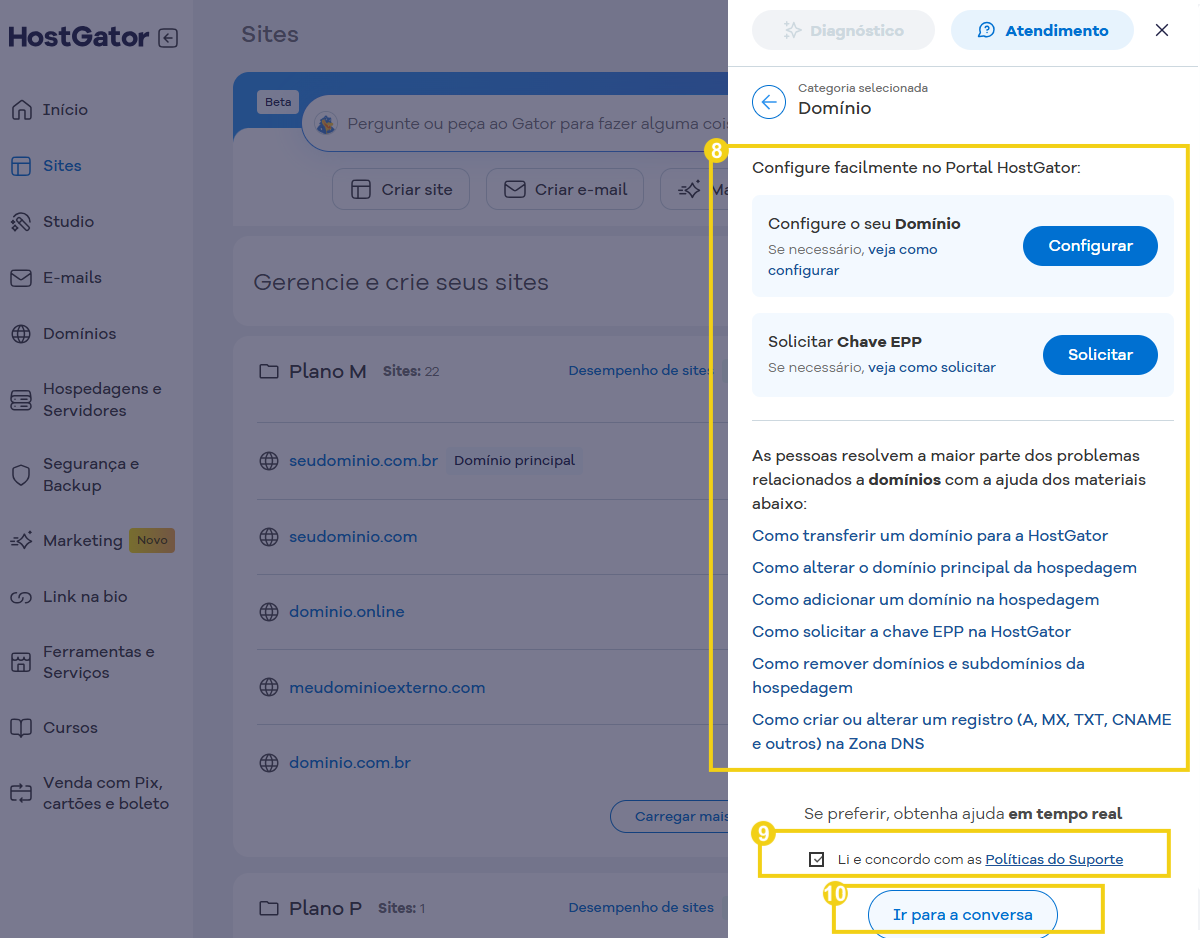 Tela do painel do portal HostGator mostrando seção de atendimento ao cliente e a opção de iniciar uma conversa