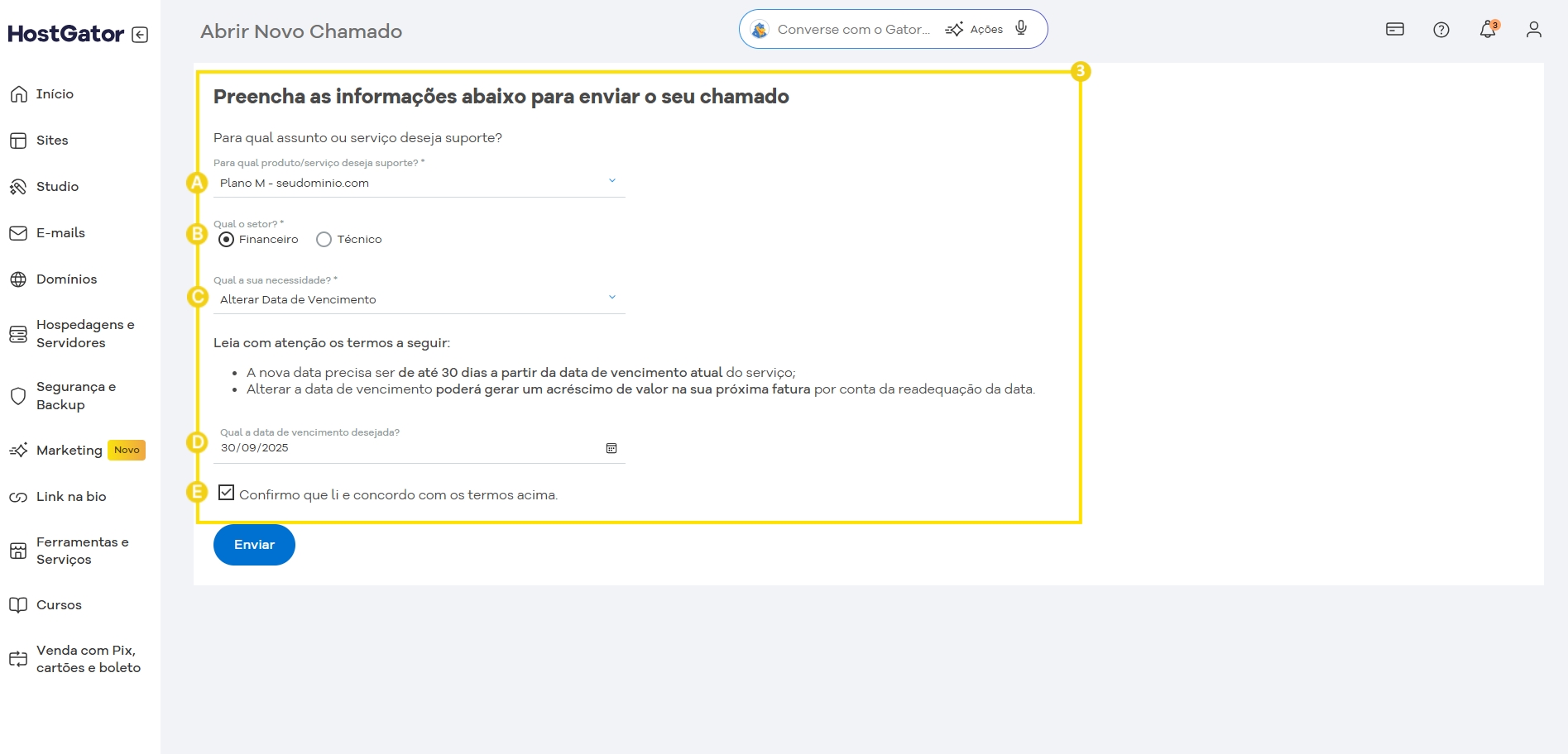 A imagem mostra Interface de formulário destacada para abertura de chamado.