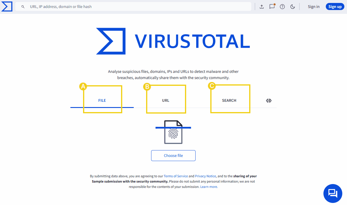 Tela do antivírus VirusTotal exibindo opção de envio de arquivo para análise de malware e ameaças na internet