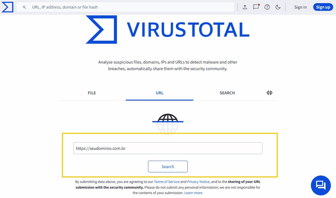 Imagem da página inicial do Virustotal, ferramenta de análise de arquivos, URLs, IPs e domínios para detectar malware e ameaças de segurança.
