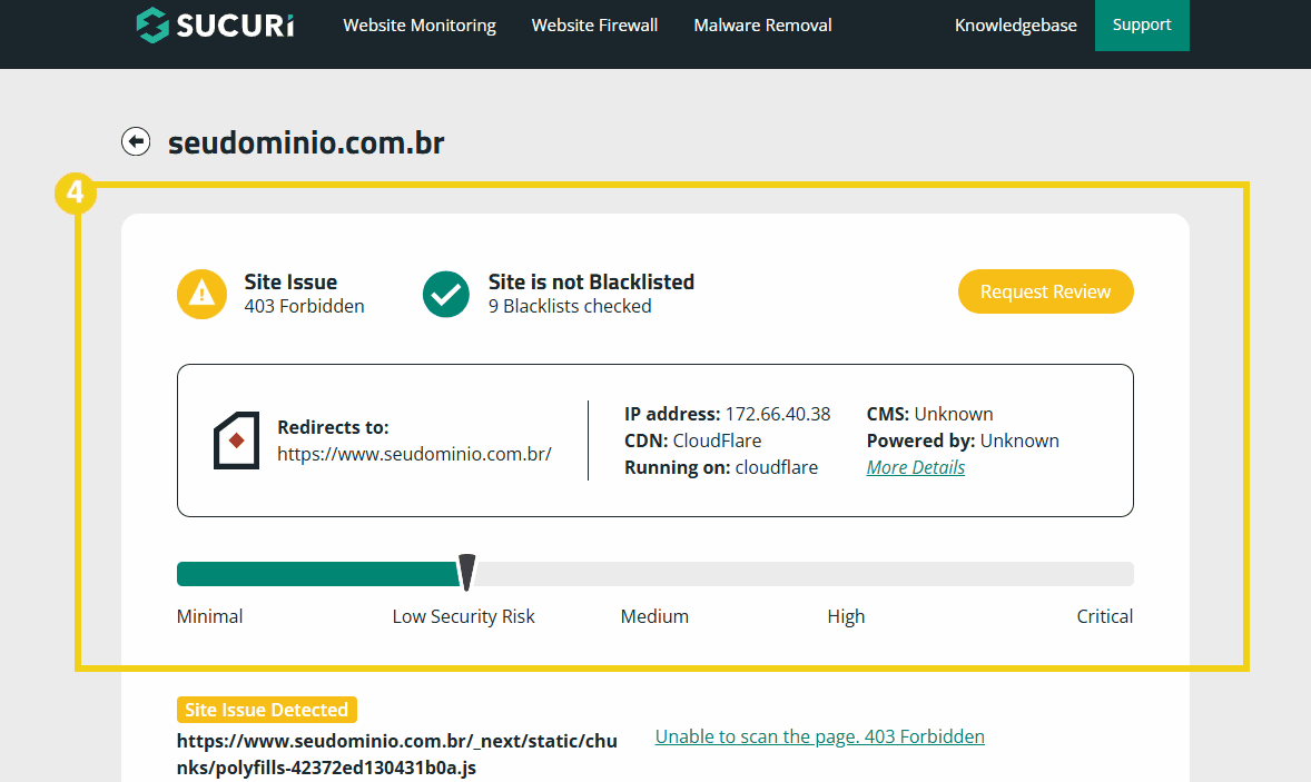 Imagem de análise de segurança de site mostrando status não listado em blacklist, IP, CDN, e risco de segurança variando de mínimo a crítico, relacionado ao monitoramento de sites.