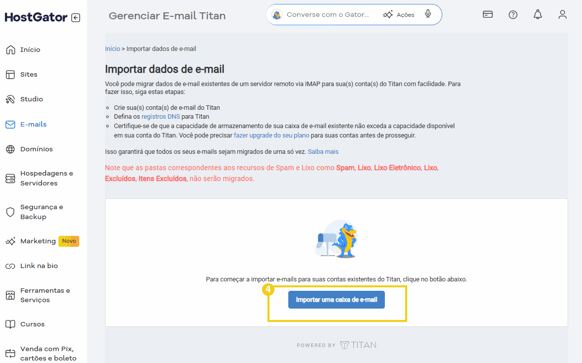 Imagem da interface do painel do HostGator mostrando a opção de importar uma caixa de e-mail para o Titan, uma ferramenta de gerenciamento de e-mails. 
