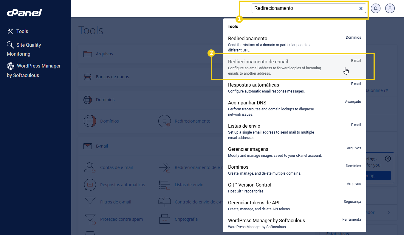Tela de um painel do cPanel mostrando a ferramenta de redirecionamento de e-mails, com destaque para a busca por 'Redirecionamento' e opções disponíveis. 