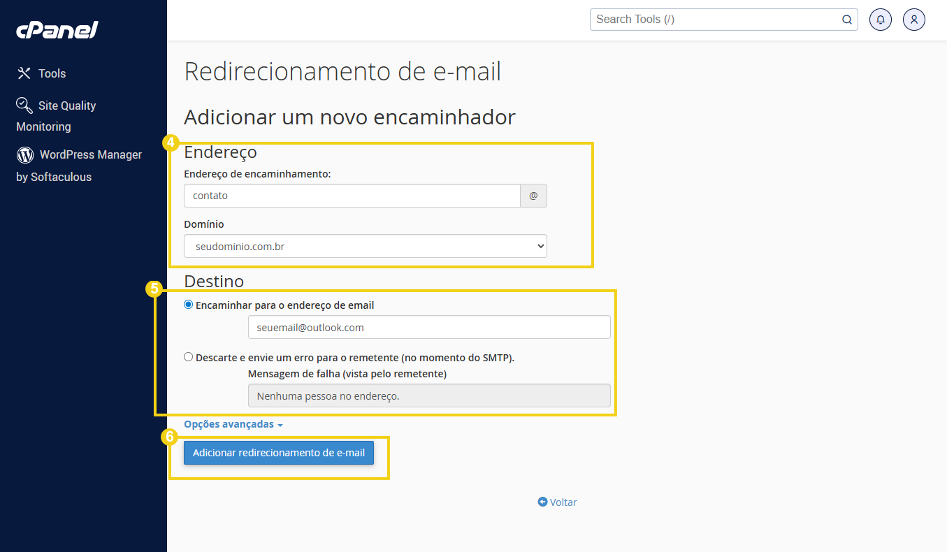 Imagem mostrando configuração de redirecionamento de e-mail no painel do cPanel, com campos para endereço, destino e opções avançadas