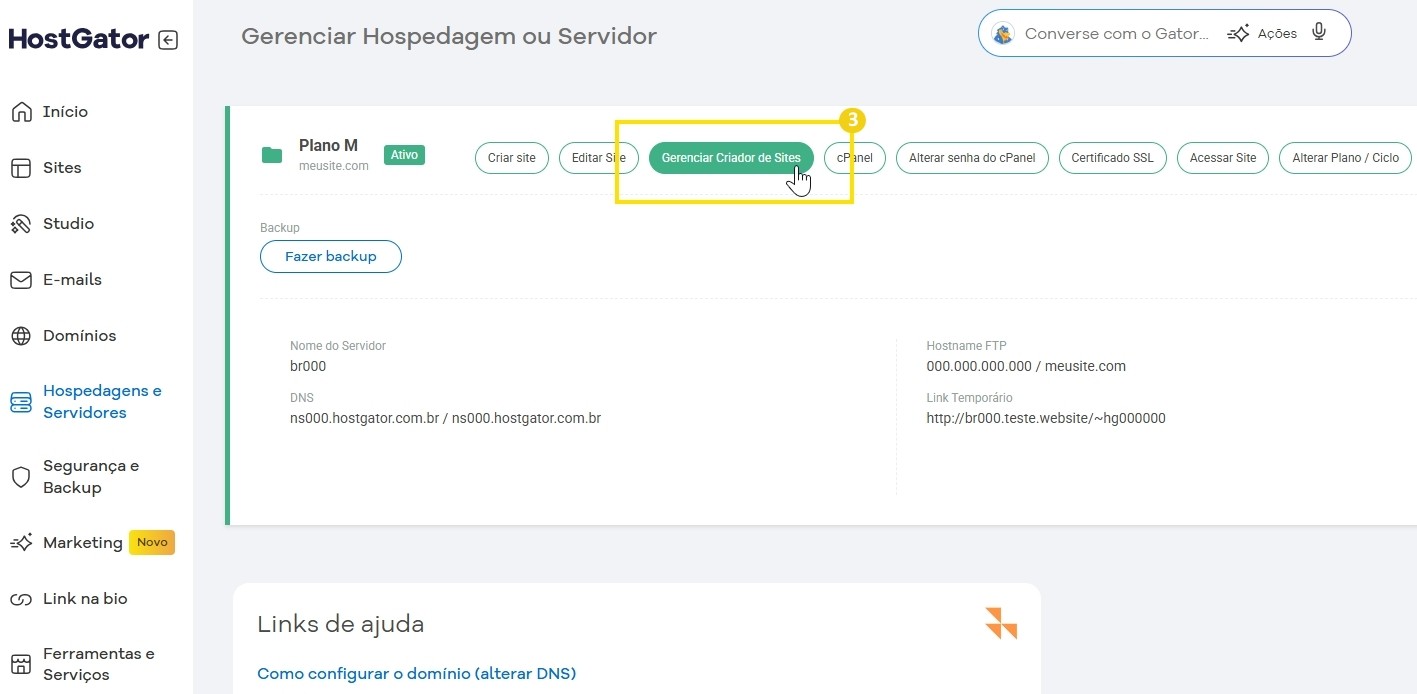 A imagem mostra o botão Gerenciar Criador de Sites em uma interface de gerenciamento de hospedagem.