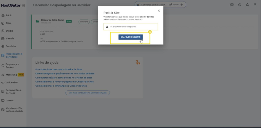 A imagem mostra o botão de ação 'Sim, quero excluir em um pop-up modal.