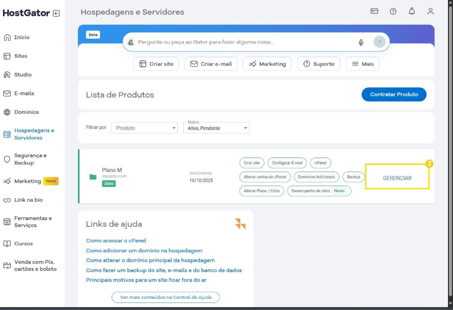 A imagem mostra um destaque no botão Gerenciar, localizado à direita de um card de produto na seção Lista de Produtos.